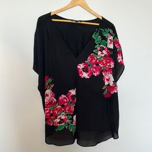 INC International Concepts V neck floral print black top
